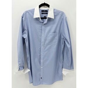 Hart Schaffner Marx Ms Blue White Stripe Contrast Collar French Cuff Shirt 16 34
